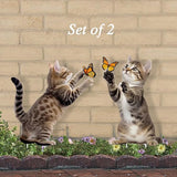 Metal Garden Stakes Decor,Cute Cats Playing with Butterflies Stakes, YGarden Statues Bird Repellent Cat Decorative Garden Stakes for Yard, Garden, Lawn Outdoor Decorations Set of 2