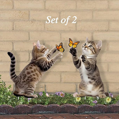 Metal Garden Stakes Decor,Cute Cats Playing with Butterflies Stakes, YGarden Statues Bird Repellent Cat Decorative Garden Stakes for Yard, Garden, Lawn Outdoor Decorations Set of 2