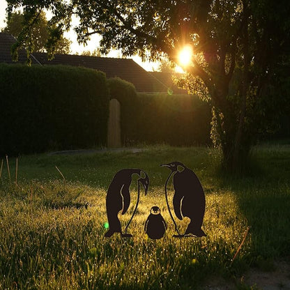 Iron Cast Animal Stake Statue,Outdoor Penguin Family Yard Decor,Black Metal Penguin Art Garden,Rustic Penguin Silhouette Decor for Yard Garden,Birds Silhouette Statue Lawn Backyard Outdoor Decoration