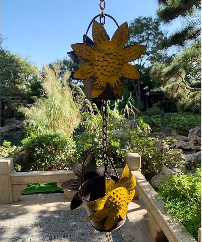 Rain Chains 8.5FT Metal Bucket Rain Chains for Gutters and Downspouts Vintage Rain Catcher Chain Sunflower Decorative Rain Chimes for Outside Rainwater Diverter Outdoor Decor for Garden Yard