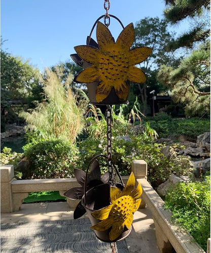 Rain Chains 8.5FT Metal Bucket Rain Chains for Gutters and Downspouts Vintage Rain Catcher Chain Sunflower Decorative Rain Chimes for Outside Rainwater Diverter Outdoor Decor for Garden Yard