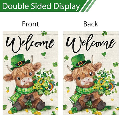 Heyfibro Welcome St. Patrick's Day Garden Flag 28x40 Double Sided Burlap, Highland Cow with Shamrock Bouquet & Green Plaid Scarf Yard Flag for Spring Seasonal Irish Farmhouse Outdoor Decor(ONLY FLAG)