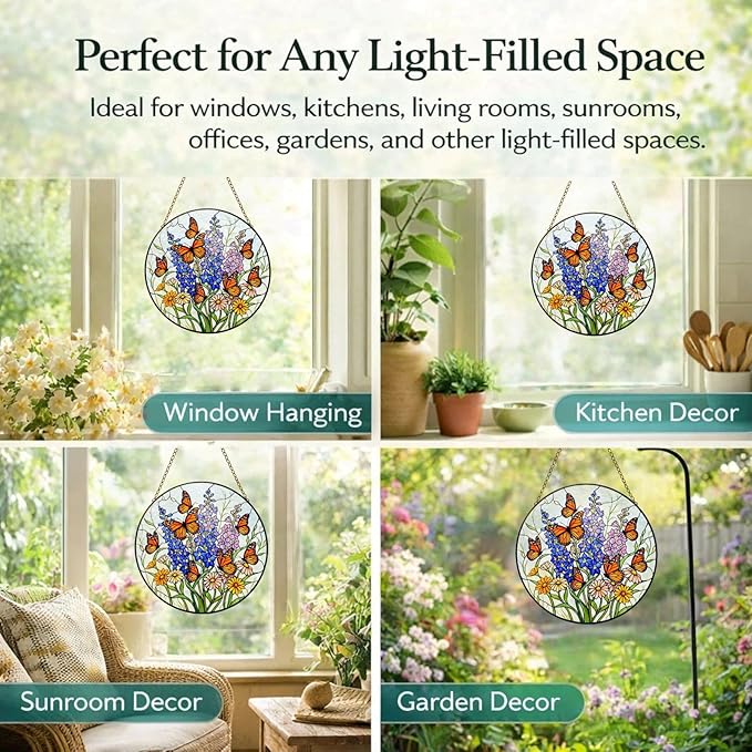 Wildflower Butterfly Suncatcher Window Hanging, 7.8" Stained Glass Decor, Meaningful for Mom, Grandma, Family and Friends, Home Decor for Window, Kitchen, Sunroom and Garden