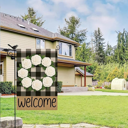 Buffalo Plaid Welcome Wreath Garden Flag White Camellia Flower Flag 12x 18 Inch Double Sided Spring Outdoor Fall Autumn Farmhouse Outdoor Small Decor for Porch Lawn Patio Yard