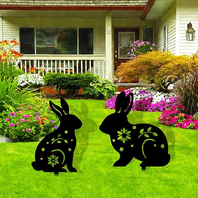 2 Pcs Easter Bunny Yard Signs Iron Rabbit Silhouette Decoration Black Metal Rabbit Yard Art for Outdoor Lawn Garden Spring Decor