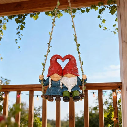 Valentine Gnome Couple on Swing, Cute Wedding Gnomes Figurines for Home & Garden Décor, Romantic Gnomes for Yard, Outdoor Gnome Statues for Porch, Patio, Tree Decorations
