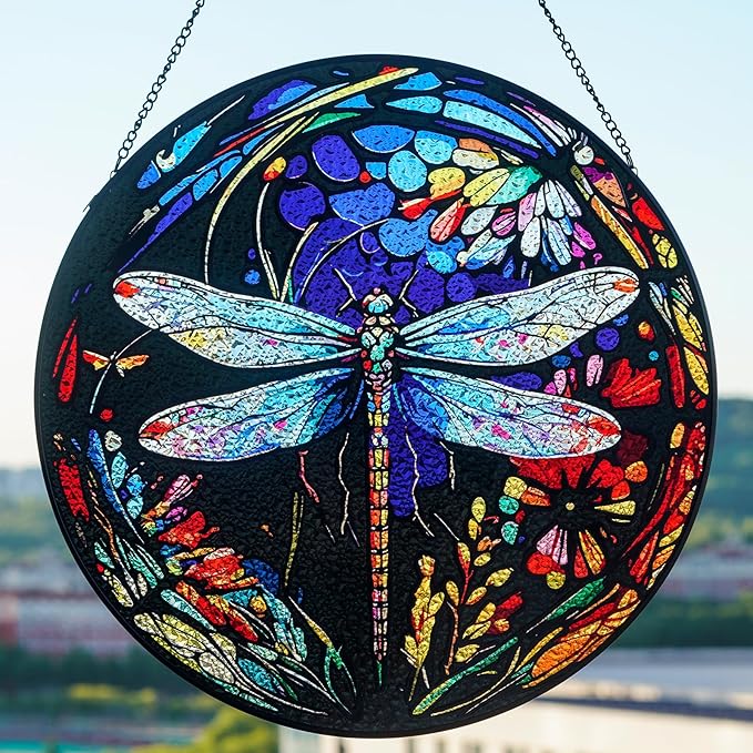 Stained Glass Window Hanging - Dragonfly Stained Glass Suncatcher, Sun Catchers for Indoor Window Decor, Gift for Women,Mom,Friends (12 Inch)