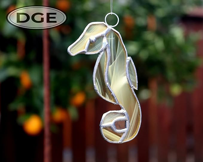 Stained Glass Ornament Seahorse Decor 3.5" x 1.5" Tan Suncatcher for Window Hangings Sea Glass Ocean Animal Tiffany Figurines Sun Catcher Garden - Beach Themed Office Home Decor