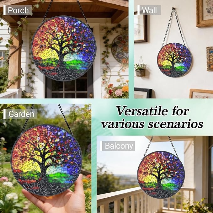 Stained Glass Window Hanging - 6.3 Inch Colorful Tree of Life Suncatcher, Tree of Life Wall Art for Window Home Door Garden Outdoor Decor and housewarmings Birthday, Gifts for Adults Women Men Mom