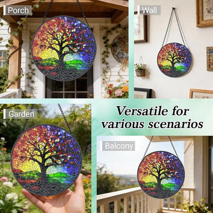 Stained Glass Window Hanging - 6.3 Inch Colorful Tree of Life Suncatcher, Tree of Life Wall Art for Window Home Door Garden Outdoor Decor and housewarmings Birthday, Gifts for Adults Women Men Mom