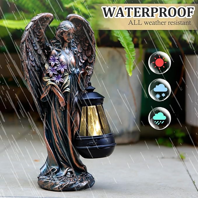 VChymm Solar Angel Outdoor Garden Decor Statues – 13.2 inches Solar Outdoor Sculptures for Outside Yard Art Patio Balcony Front Lawn Ornaments Gifts for Mom Grandma Women（Bronze）