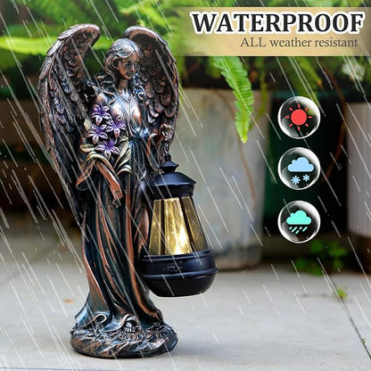 VChymm Solar Angel Outdoor Garden Decor Statues – 13.2 inches Solar Outdoor Sculptures for Outside Yard Art Patio Balcony Front Lawn Ornaments Gifts for Mom Grandma Women（Bronze）
