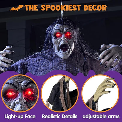 JOYIN Halloween Zombie Decorations Outdoor, Halloween Groundbreaker Outside Decor, Hanging Zombie Prop with Green Face and Lighted Eyes for Graveyard, Haunted House, Lawn, Yard, Indoor Decor