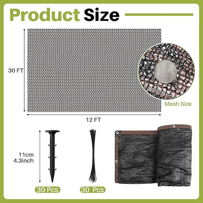 Koi Pond Netting Kit 12 x 30ft, Heavy-Duty Pe, Bird Deer Fence Netting, Durable Net Cover for Leaves, Protect Fish from Blue Heron Bird, Cats & Predators, Stakes & Ties Included