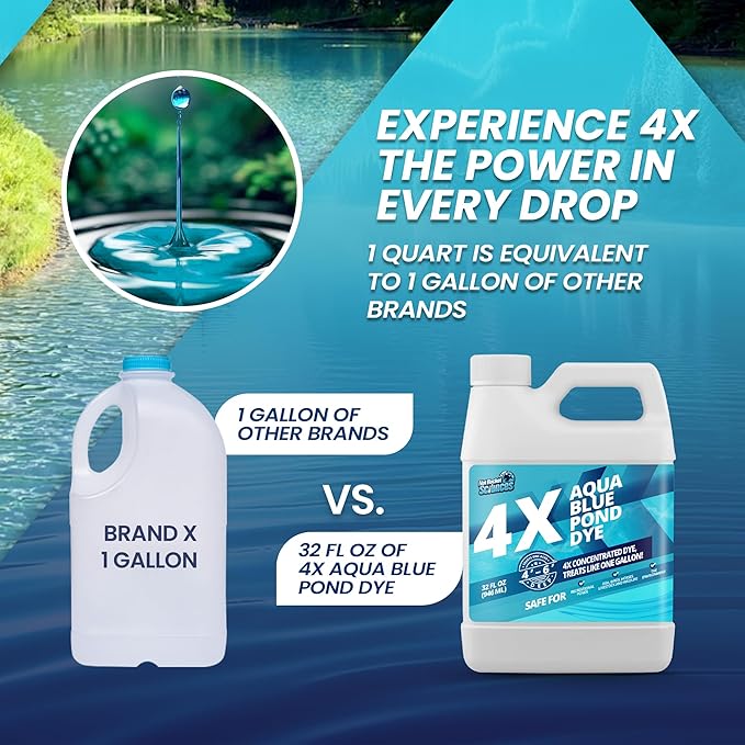32oz Aqua Blue Pond Dye 4X Concentrate, Lake & Pond Dye Blue for Aqua Colored Water, Ideal Lake Colorant, Aquashade Colorant that Protects Against Sunlight - Ideal for Fish and Wildlife