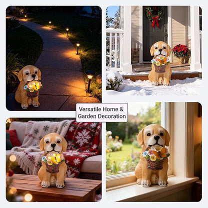 Solar Garden Dog Statue Outdoor Decor – Funny Golden Puppy Figurine with Butterfly & Flower Basket, Resin Yard Porch Patio Ornaments, Unique Christmas Birthday Gifts for Mom Grandma Women