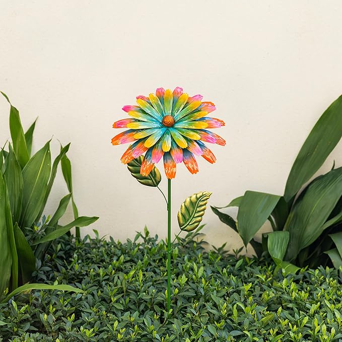 Glitzhome Metal Flower Yard Stake, 41" H Hand Painted Garden Flower with Red Green Petals, Iron Garden Yard Spring Decor for Lawn Landscape