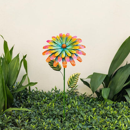 Glitzhome Metal Flower Yard Stake, 41" H Hand Painted Garden Flower with Red Green Petals, Iron Garden Yard Spring Decor for Lawn Landscape