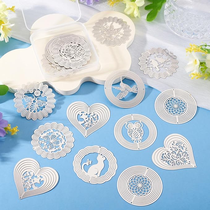 20Pcs Metal Replacement Wind Catcher, Beadthoven Wind Chime Parts Stainless Steel Bird Flower Cat Heart Round Shaped Flat Metal Embellishments for Wind Bells Memorial Sympathy Wind Chimes
