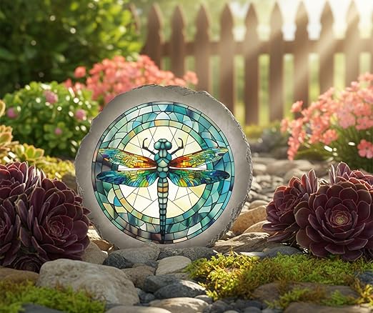 Magnolia Garden 10-Inch Stained Glass Dragonfly Decorative Stepping Stone – Jewel Toned Resin Garden Walkway Tile – Tiffany Style Mosaic Outdoor Accent