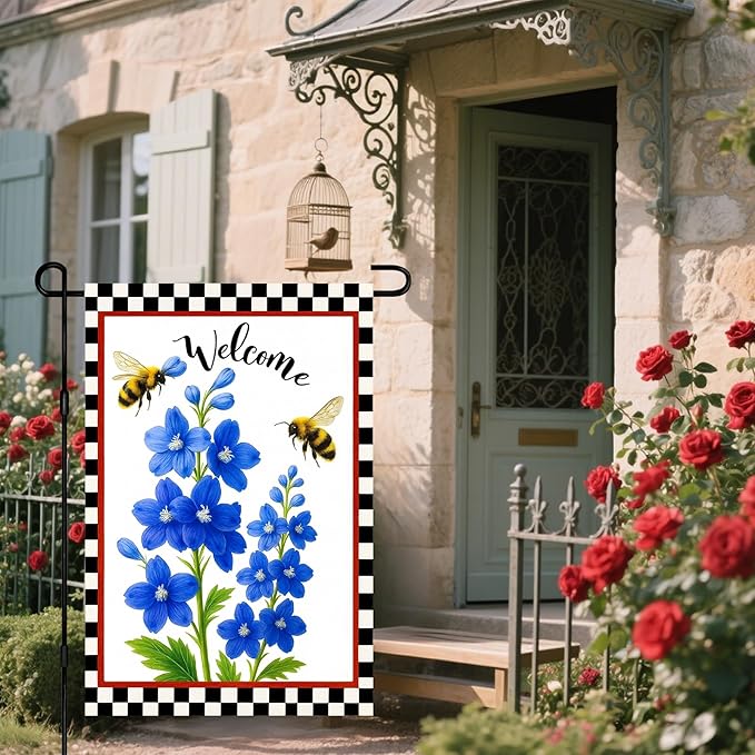 IVN Floral Welcome Garden Flag 12x18 Inch Double Sided Yard Flag Double Sided Bluebells Flowers with Bees Decorative Small Flags for Outside Seasonal Farmhouse Yard Outdoor Decoration Flags