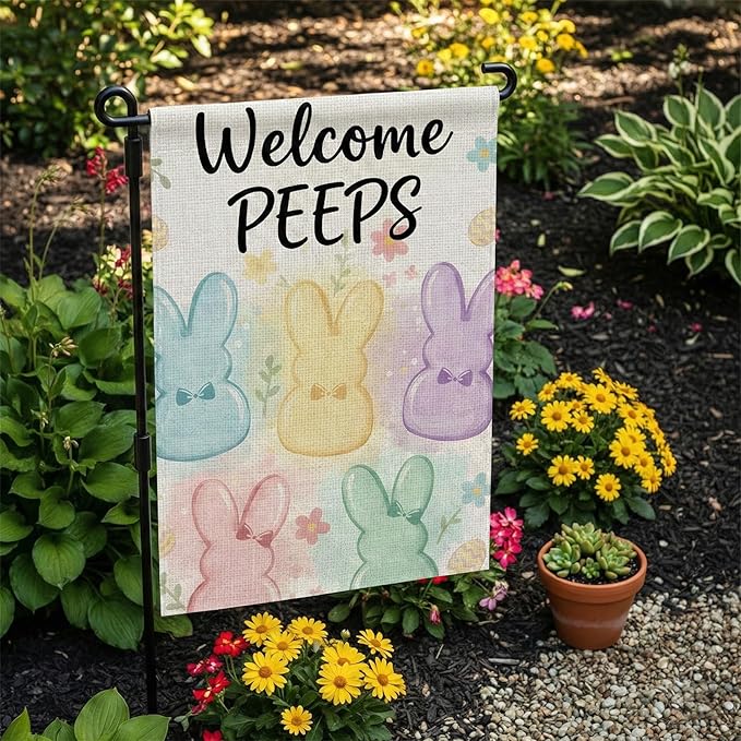 Welcome Peeps Bunny Easter Garden Flag 12 x 18 Inch Double Sided Outside Flag, Painted Rabbits, Welcome Spring Flag Outdoor Yard Easter Holiday Decoration