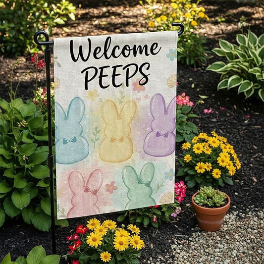 Welcome Peeps Bunny Easter Garden Flag 12 x 18 Inch Double Sided Outside Flag, Painted Rabbits, Welcome Spring Flag Outdoor Yard Easter Holiday Decoration