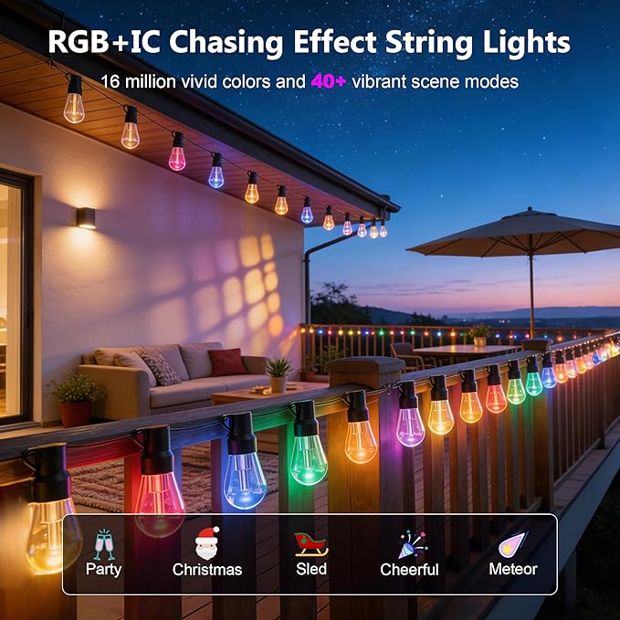 AHRLHR 150FT RGB+IC Outdoor String Lights,Outside Light Dimmable Shatterproof LED Bulbs,Balcony, Outdoor Living， IP67 Waterproof Chasing Effect Lighting DreamColor Patio Strip Lights for Backyard