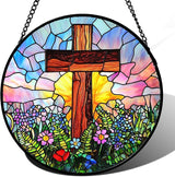 Christian Gifts for Women - Cross Stained Glass Window Hanging Jesus Easter Colorful Wildflowers Sun Catcher Garden Religion Decor Mother's Day Catholic Gift for Men Grandma Mom Her 9.8"