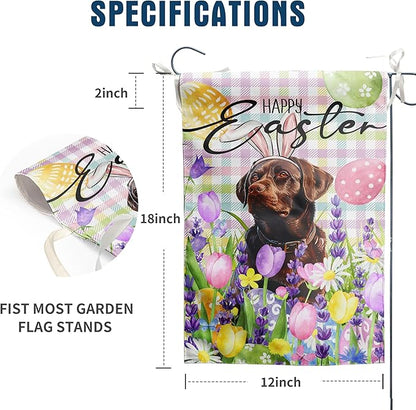 Happy Easter Labrador Dog Garden Flag Chocolate Lab Spring Flags Buffalo Plaid Bunny Eggs Yard Flag for Outside 12x18 Double Sided Small Decorative Floral Outdoor Flag