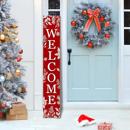 Christmas Porch Sign Xmas Welcome Sign Vertical Standing Sign For Front Porch Decor Farmhouse Wall Hanging for Patio Yard Party Indoor Outdoor Winter Holiday Decoration 47.2"H Red