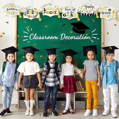 Chunful 12 Pack Graduation Yard Signs Grad Decoration 2026 Happy Graduate Lawn Garden Sign with Stake Congrats Outdoor Plastic Cap Hanging Ornament for Class Pathway Walkway Porch Party(White Gold)