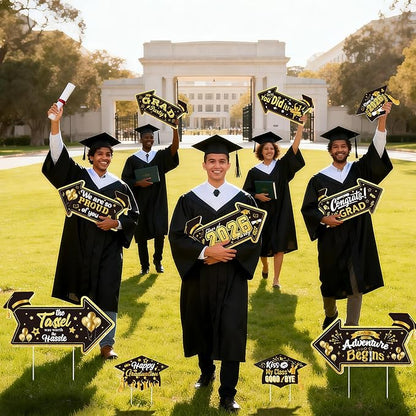 2026 Graduation This Way Yard Sign Arrow for Outdoor Pathway,Graduation Cap Hanging Yard Signs,Black Gold Directional Yard Signs with Stakes Ribbon,Grad Party Decor for College High School