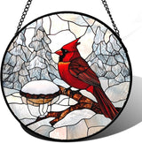 Stained Glass Window Hanging Cardinal Bird Winter Snow Scene Large 11.8" - Suncatcher Door Garden Sunroom Sun Catcher Home Decor Birthday Christmas for Mom Men Woman Nana
