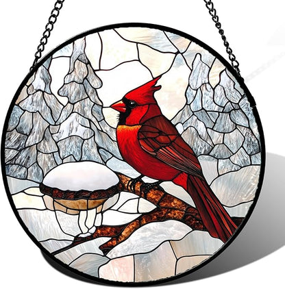 Stained Glass Window Hanging Cardinal Bird Winter Snow Scene 6.3" - Suncatcher Door Garden Sunroom Sun Catcher Home Decor Birthday Christmas for Mom Men Woman Nana