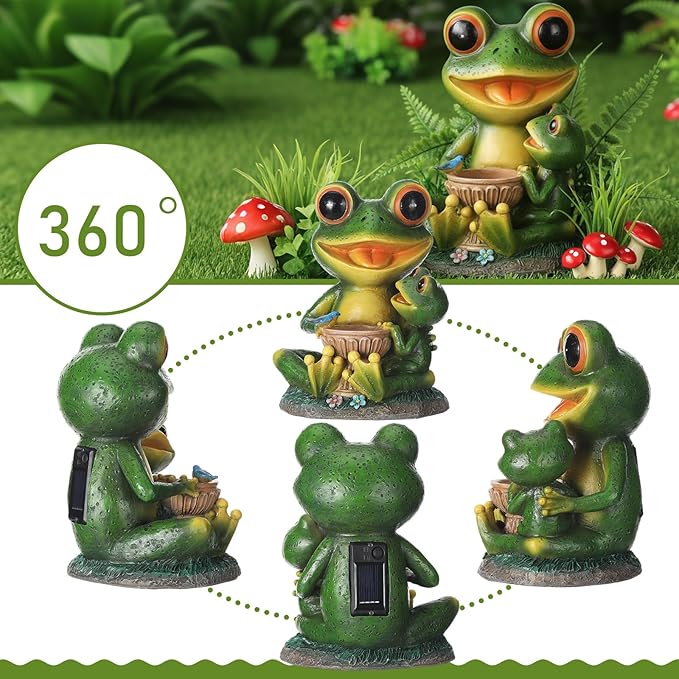 Roowest Solar Garden Statue Frog with Bird Bath, Mother & Child Frog Outdoor Decor with LED Light, Waterproof Resin Yard Ornament, Cute Frogs Gift for Mom Grandma Women, Patio Lawn Balcony Decoration