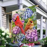 Artofy Welcome Summer Cardinal Red Birds Large Decorative House Flag, Hydrangea Flowers Yard Garden Outside Decor, Spring Floral Burlap Outdoor Home Decoration Double Sided 28 x 40