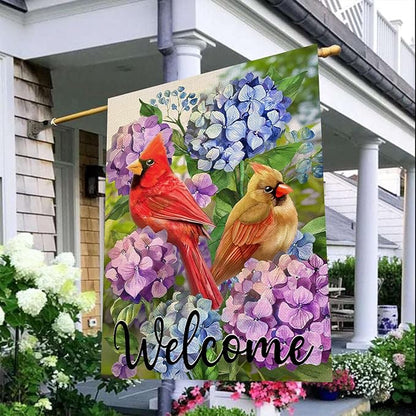 Artofy Welcome Summer Cardinal Red Birds Large Decorative House Flag, Hydrangea Flowers Yard Garden Outside Decor, Spring Floral Burlap Outdoor Home Decoration Double Sided 28 x 40