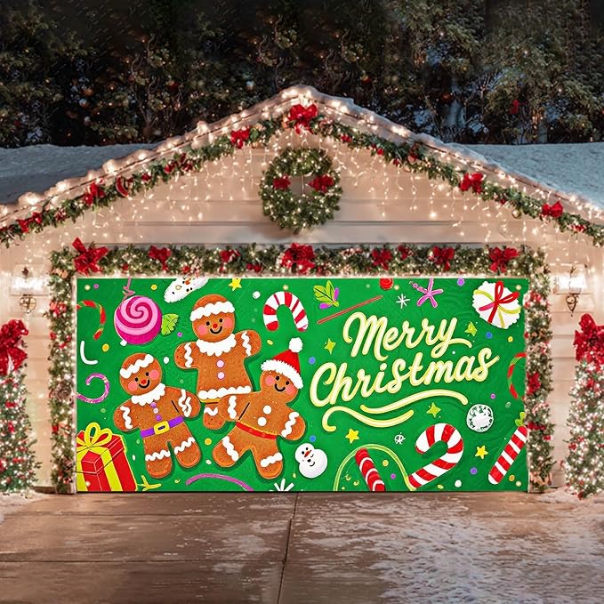 HOMETITUTE Merry Christmas Garage Door Banner 13x6ft Festive Gingerbread Man Candy Gift Boxes Holiday Door Cover Outdoor Yard Decoration Seasonal Display