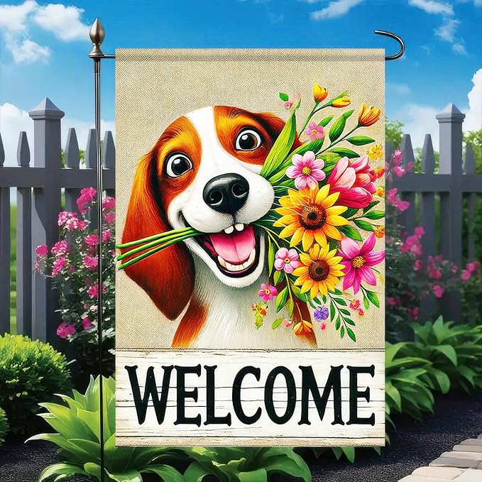 BlissYard Welcome Spring Summer Garden Flag 12x18 Inch Double Sided Beagle Puppy Dog Daisy Seasonal Garden Flag Decoration Yard Small Flag For Rustic Farmhouse Outdoor Banner Party Home Decor