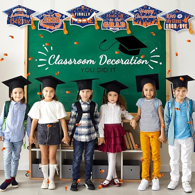 Chunful 12 Pack Graduation Yard Signs Grad Decoration 2026 Happy Graduate Lawn Garden Sign with Stake Congrats Outdoor Plastic Cap Hanging Ornament for Class Pathway Walkway Porch Party(Blue Orange)