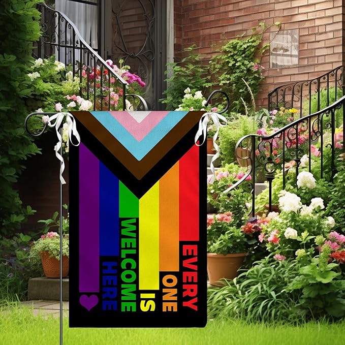 Progress Pride Rainbow Garden Flag Every One Is Welcome Here Yard Flag LGBTQ Gay Lesbian Bisexual Non Binary Transgender House Flag All Inlcusive Vivid Color Garden Flags 12x18 Inch
