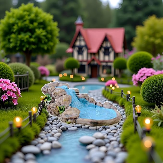 Blue DIY Miniature Mini Water Pool Fairy Garden Lawn Ornament for Mountain Dollhouse Decor Craft Outdoor Statues Antique European Village Character and Manor Style,Garden Sculptures and Statues