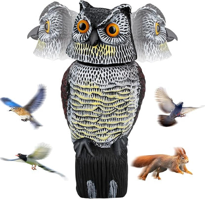 Owl Decoys to Scare Birds Squirrels Away, 360 Rotating Head Activated, Fake Owl Statues Repellent Pest Hawk Squirrel Cats Chickens Pigeon Bird Deterrents for Outside Garden Patios Backyard