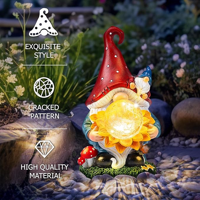 Solar Gnomes Garden Decor Outdoor Statues, Christmas Gnomes Gardening Gifts for Women Mom, Gnomes Decorations for Yard with Sunflower Decor Solar Lights for Outside, Patio, Lawn, Porch Decor