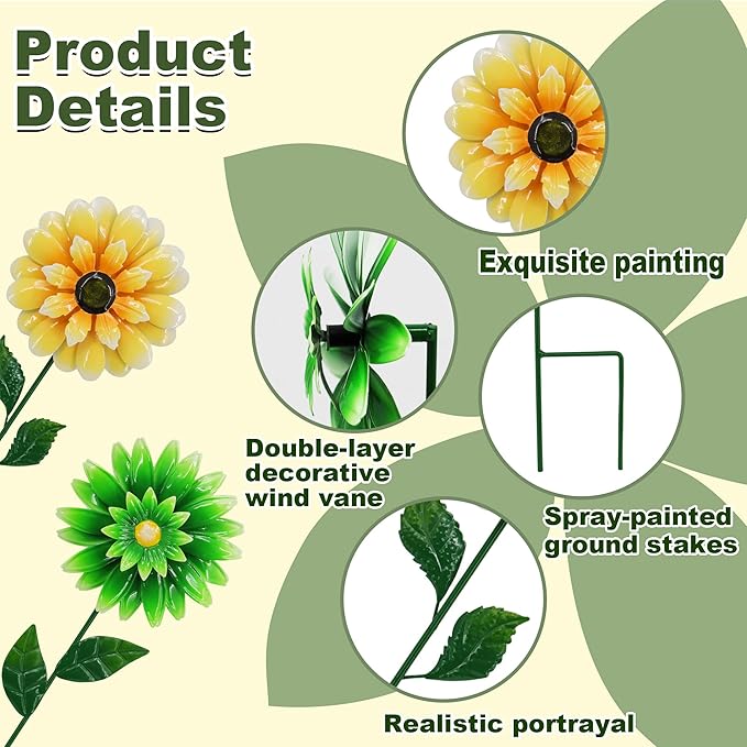 2 Pack Metal Flower Wind Spinners, Yellow Sunflower & Green Daisy Garden Stakes Yard Art, Decorative Floral Pinwheels Lawn Ornaments for Outdoor, Patio, Backyard and Flower Bed Spring Decor