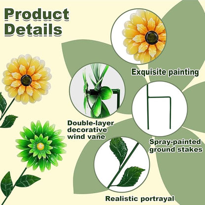 2 Pack Metal Flower Wind Spinners, Yellow Sunflower & Green Daisy Garden Stakes Yard Art, Decorative Floral Pinwheels Lawn Ornaments for Outdoor, Patio, Backyard and Flower Bed Spring Decor