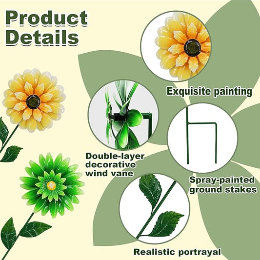 2 Pack Metal Flower Wind Spinners, Yellow Sunflower & Green Daisy Garden Stakes Yard Art, Decorative Floral Pinwheels Lawn Ornaments for Outdoor, Patio, Backyard and Flower Bed Spring Decor