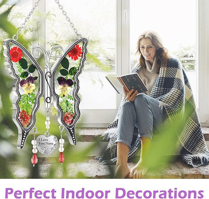 KY&BOSAM Gifts for Nana Butterfly Suncatcher I Love You Nana Stained Glass Window Hanging Wind Chime Ornament with Pressed Dried Flowers and Heart Charm for Mothers Day Birthday Valentines Christmas