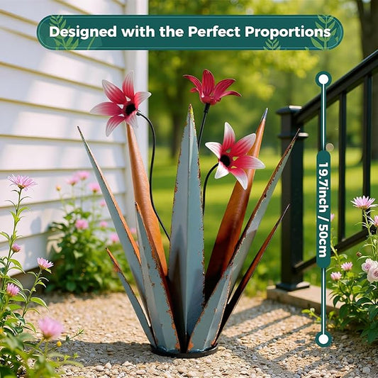 2 Pack Metal Agave Plant Sculptures, Outdoor Agave Plants, Tequila Rustic Sculpture, 16” Hand Painted Garden Decoration Yard Art Plant